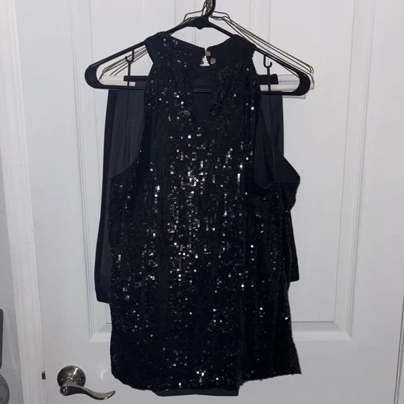 Black Sequin Halter Top with 2 button closure at neck in back - Picture 2 of 4